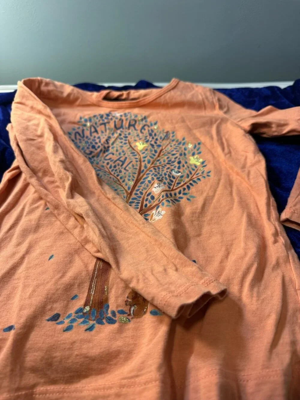 Girls Multi Color Tree-Squirrel Long Sleeve Button Back T-Shirt